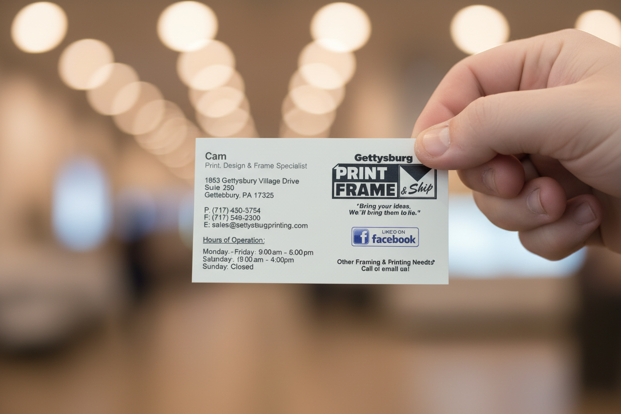 Hand holding a business card with blurred background