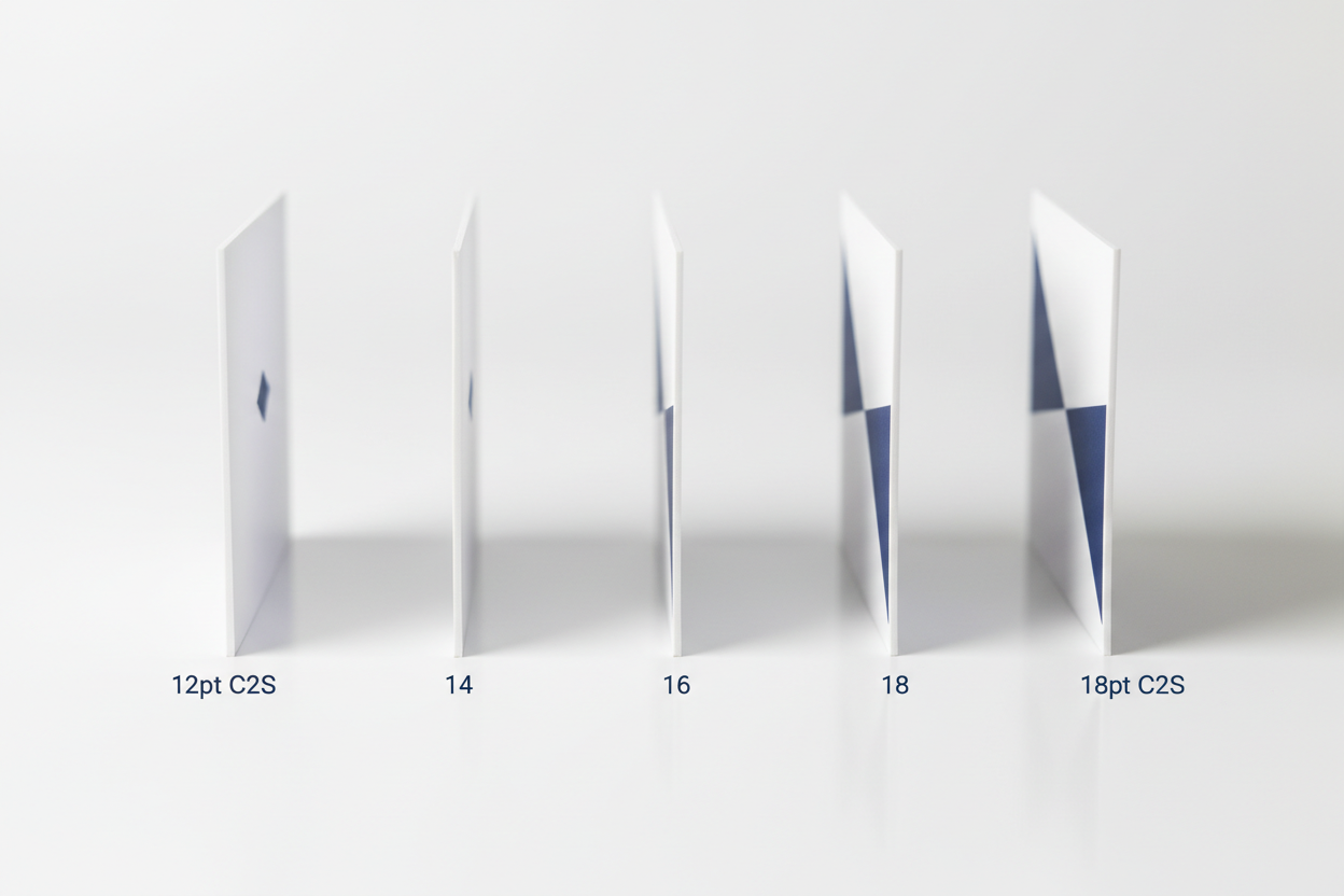 Business card paper weight comparison showing 12pt C2S, 14pt, 16pt, 18pt, and 18pt C2S thickness