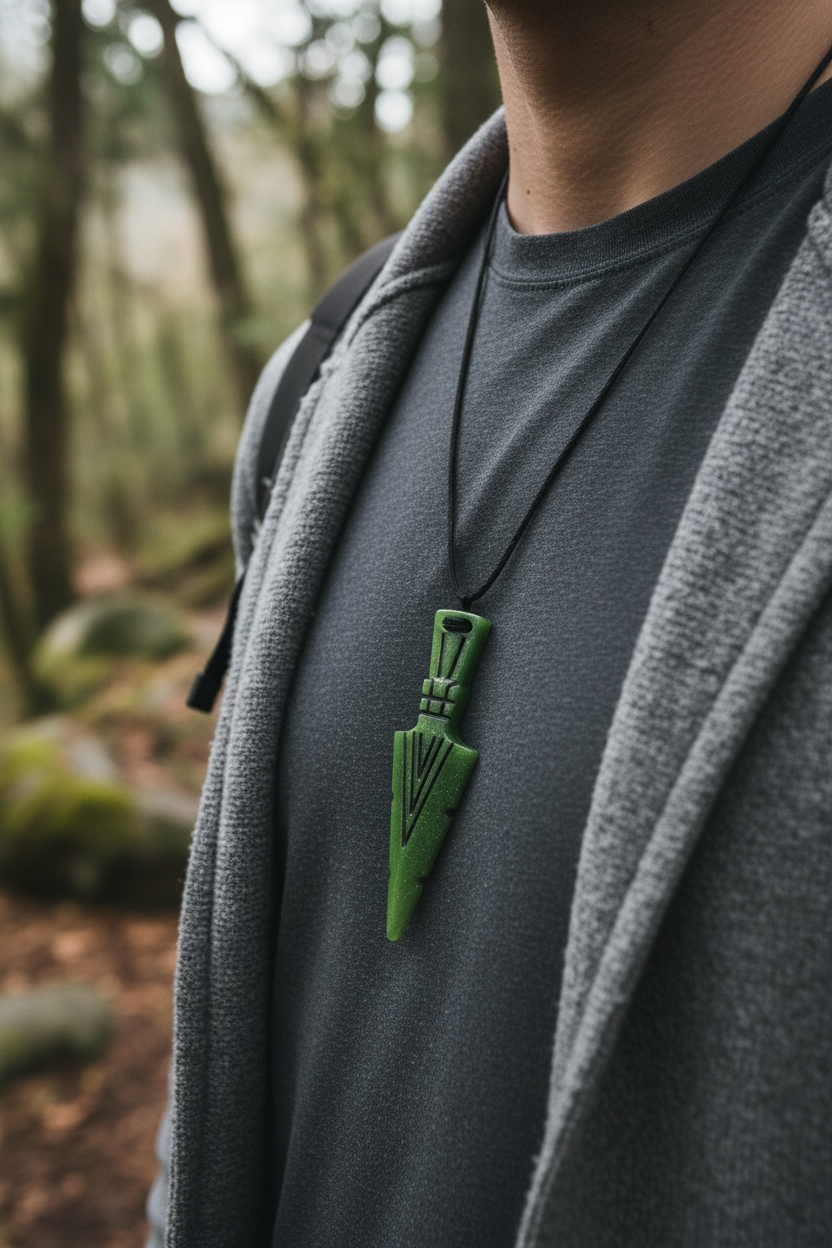 Resin arrowhead pendant necklace worn lifestyle shot